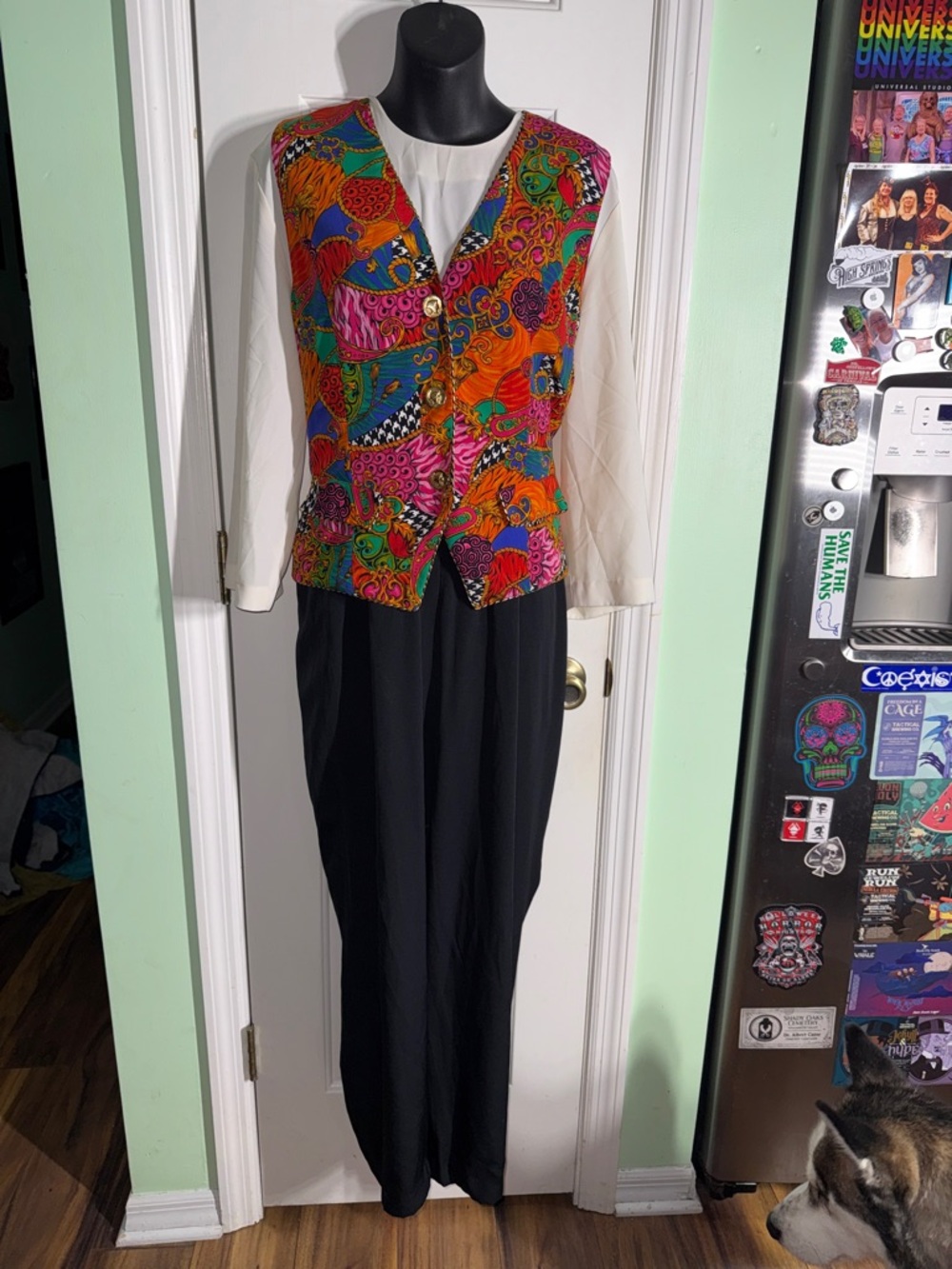 Ms Chaus Vibrant Paisley Vintage Vest w/ Black Trousers 1 Piece Jumpsuit Size 16